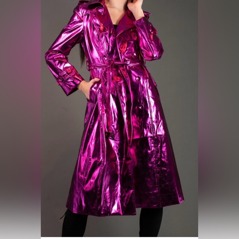 Kate Hewko Metallic Pink Belted Trench Coat Statement Jacket